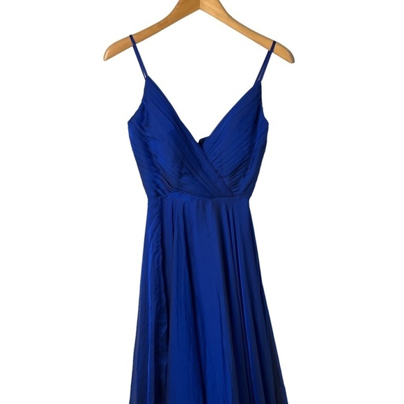 La Femme Pleated Bodice V Neck Chiffon Dress Gown Blue Size 0 Leg Slit Faux Wrap - Picture 3 of 9